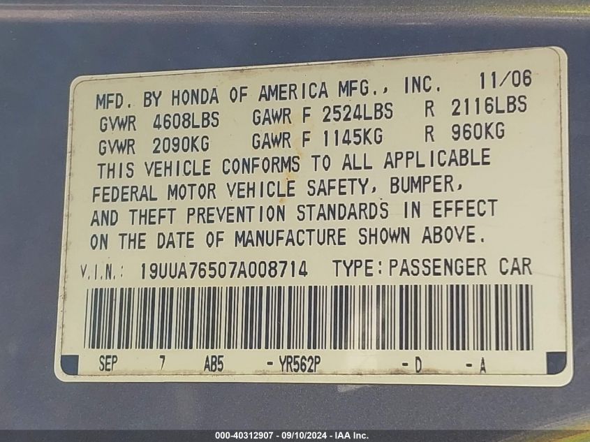 2007 Acura Tl Type S VIN: 19UUA76507A008714 Lot: 40312907