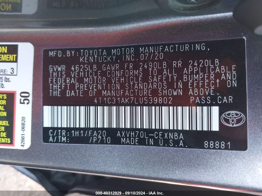 2020 Toyota Camry Le Hybrid VIN: 4T1C31AK7LU539802 Lot: 40312929