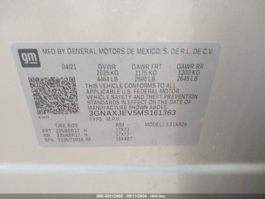 2021 Chevrolet Equinox Lt VIN: 3GNAXJEV5MS161363 Lot: 40312958