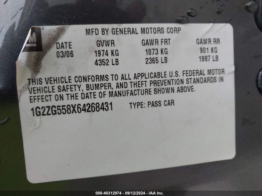 2006 Pontiac G6 VIN: 1G2ZG558X64268431 Lot: 40312974