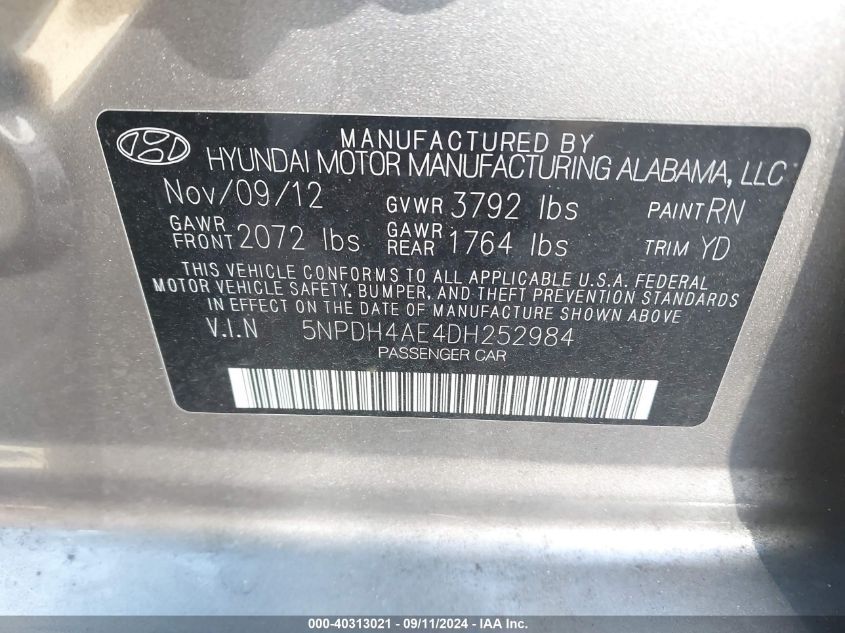 5NPDH4AE4DH252984 2013 Hyundai Elantra Gls