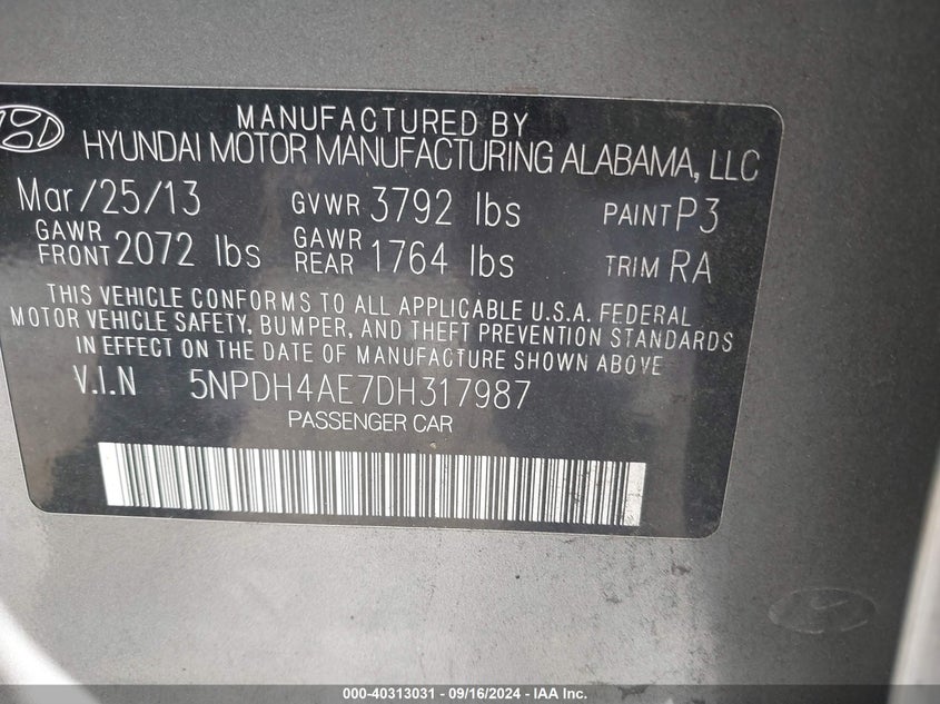 5NPDH4AE7DH317987 2013 Hyundai Elantra Gls