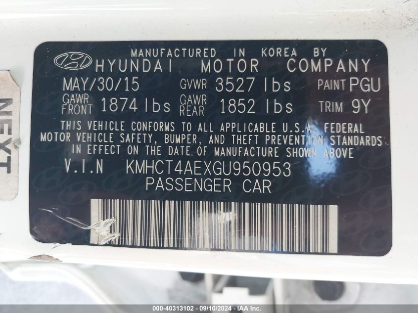 2016 Hyundai Accent Se VIN: KMHCT4AEXGU950953 Lot: 40313102