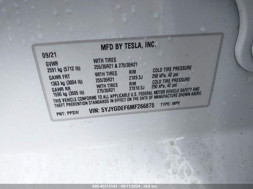 2021 Tesla Model Y VIN: 5YJYGDEF6MF266875 Lot: 40313143