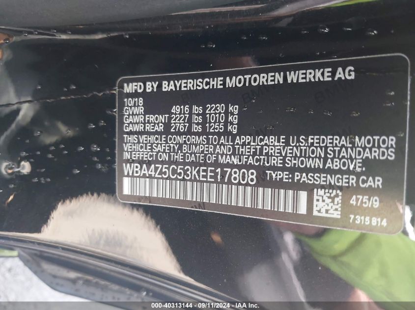 2019 BMW 440I VIN: WBA4Z5C53KEE17808 Lot: 40313144