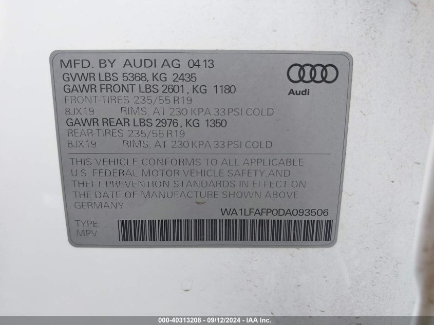 2013 Audi Q5 2.0T Premium VIN: WA1LFAFP0DA093506 Lot: 40313208