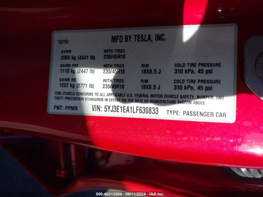 2020 Tesla Model 3 Standard Range Plus Rear-Wheel Drive/Standard Range Rear-Wheel Drive VIN: 5YJ3E1EA1LF630833 Lot: 40313264