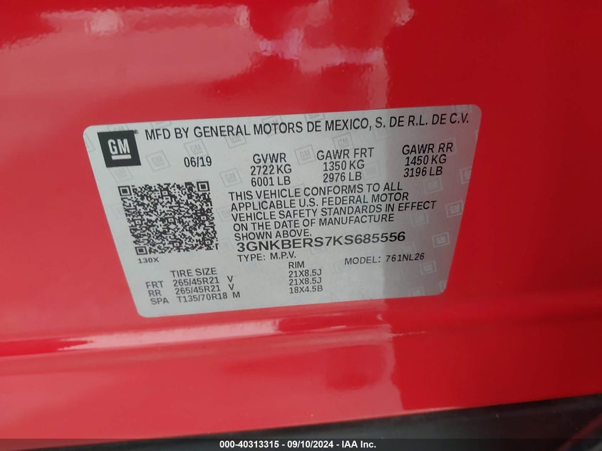 VIN 3GNKBERS7KS685556 2019 CHEVROLET BLAZER RS