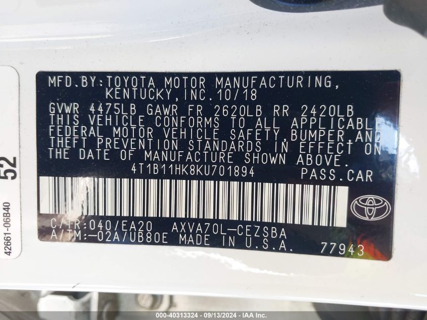 2019 Toyota Camry Se VIN: 4T1B11HK8KU701894 Lot: 40313324