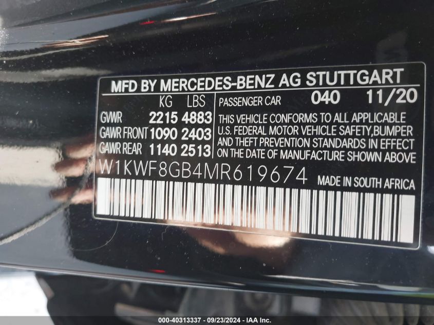 2021 Mercedes-Benz Amg C 63 VIN: W1KWF8GB4MR619674 Lot: 40313337