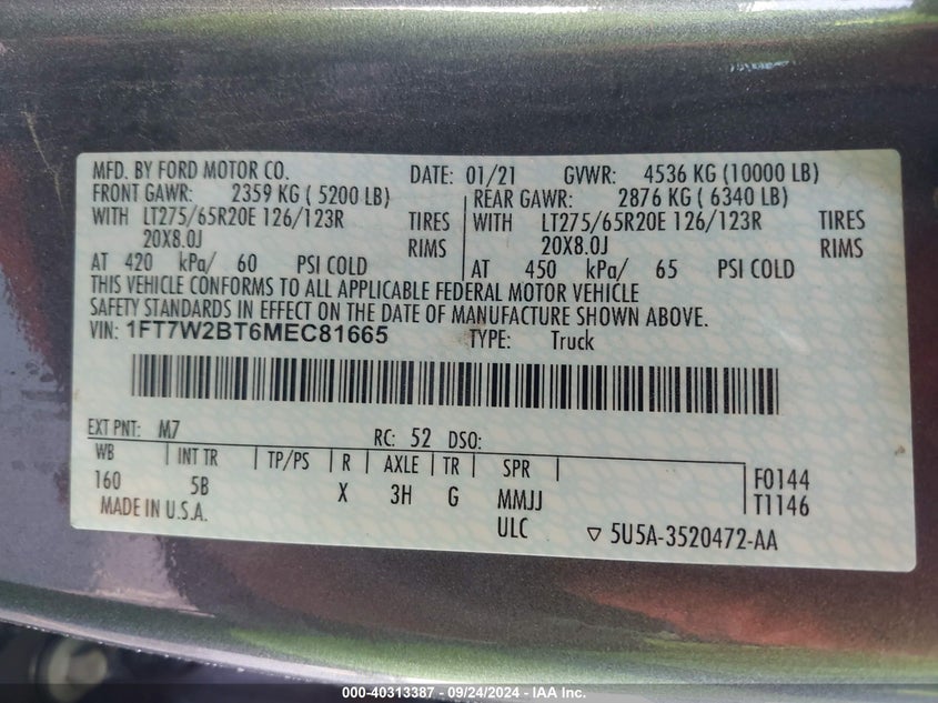 2021 Ford F-250 Lariat VIN: 1FT7W2BT6MEC81665 Lot: 40313387