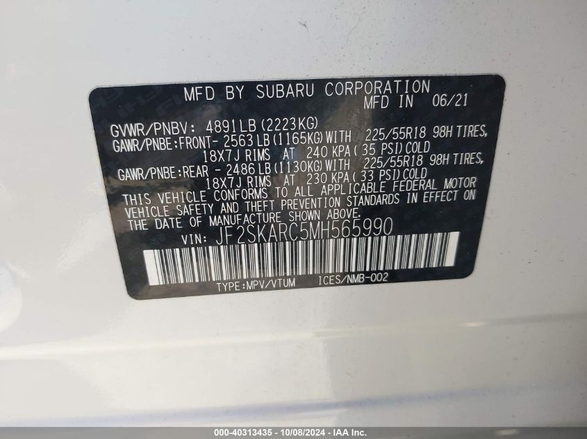 2021 Subaru Forester Sport VIN: JF2SKARC5MH565990 Lot: 40313435