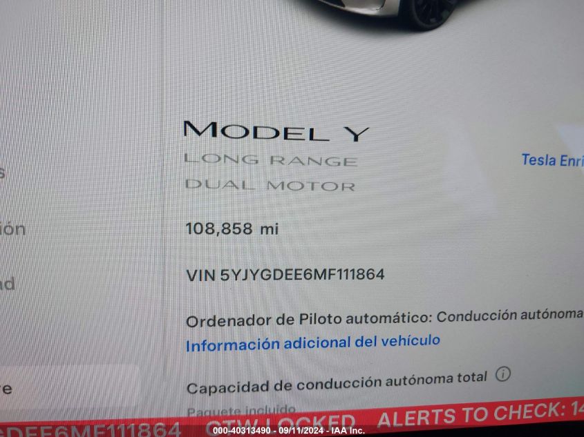 2021 Tesla Model Y Long Range Dual Motor All-Wheel Drive VIN: 5YJYGDEE6MF111864 Lot: 40313490