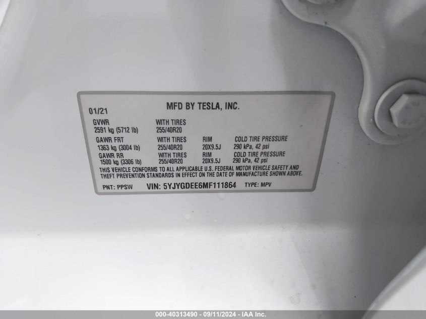 2021 Tesla Model Y Long Range Dual Motor All-Wheel Drive VIN: 5YJYGDEE6MF111864 Lot: 40313490