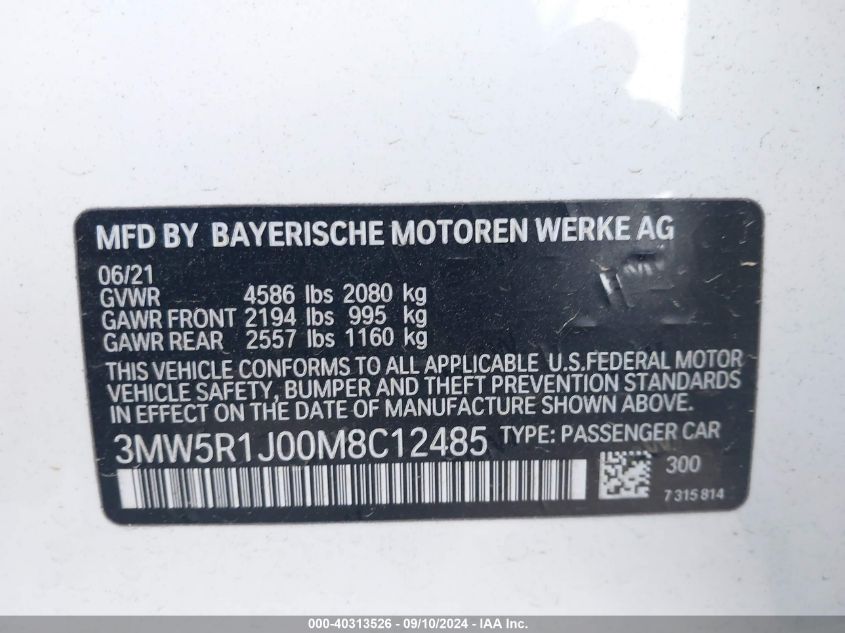 2021 BMW 330I VIN: 3MW5R1J00M8C12485 Lot: 40313526