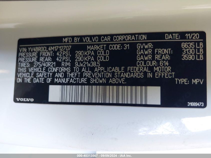 YV4BR0CL4M1712707 2021 Volvo Xc90 Recharge Plug-In Hybrid T8 Inscription 7 Passenger