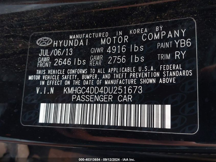 2013 Hyundai Genesis 3.8 VIN: KMHGC4DD4DU251673 Lot: 40313654