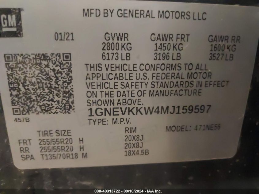 2021 Chevrolet Traverse Awd Premier VIN: 1GNEVKKW4MJ159597 Lot: 40313722