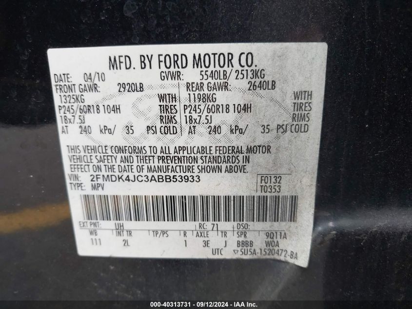 2010 Ford Edge Sel VIN: 2FMDK4JC3ABB53933 Lot: 40313731