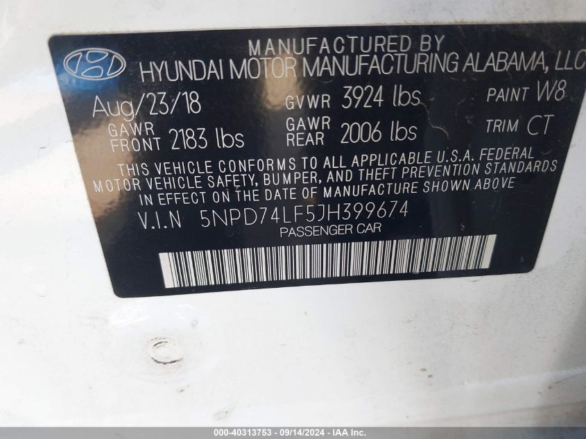 2018 HYUNDAI ELANTRA SE VIN: 5NPD74LF5JH399674