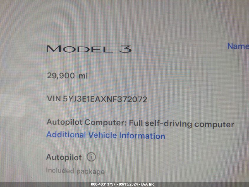 2022 Tesla Model 3 VIN: 5YJ3E1EAXNF372072 Lot: 40313797