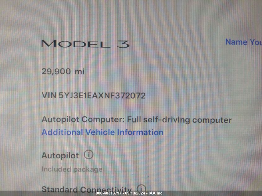 2022 Tesla Model 3 VIN: 5YJ3E1EAXNF372072 Lot: 40313797