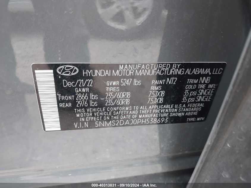 2023 Hyundai Santa Fe Sel VIN: 5NMS2DAJ0PH538693 Lot: 40313831