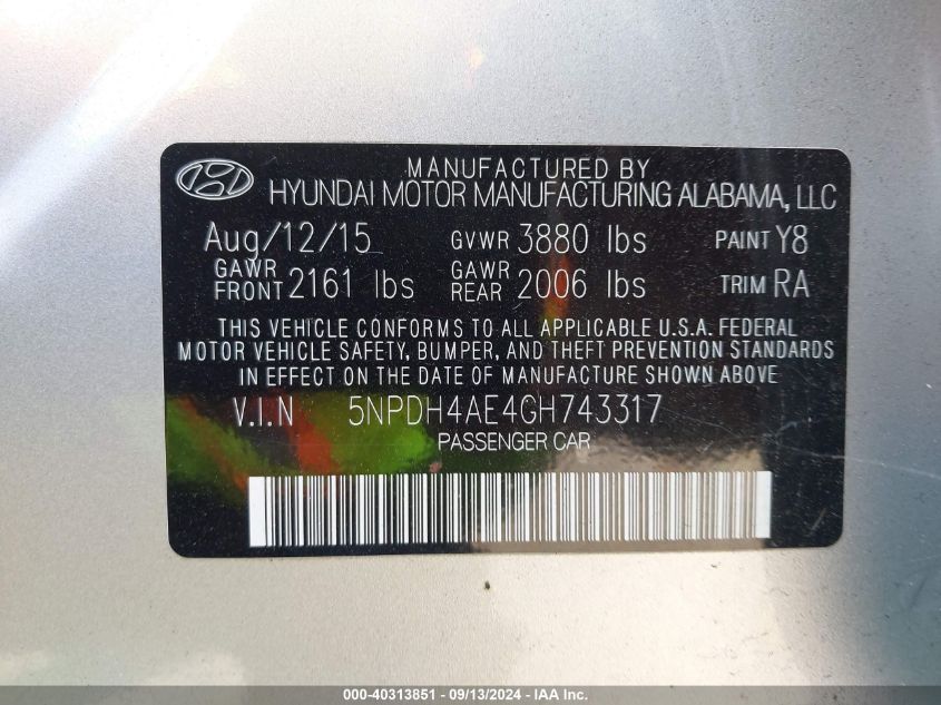 2016 Hyundai Elantra Se VIN: 5NPDH4AE4GH743317 Lot: 40313851