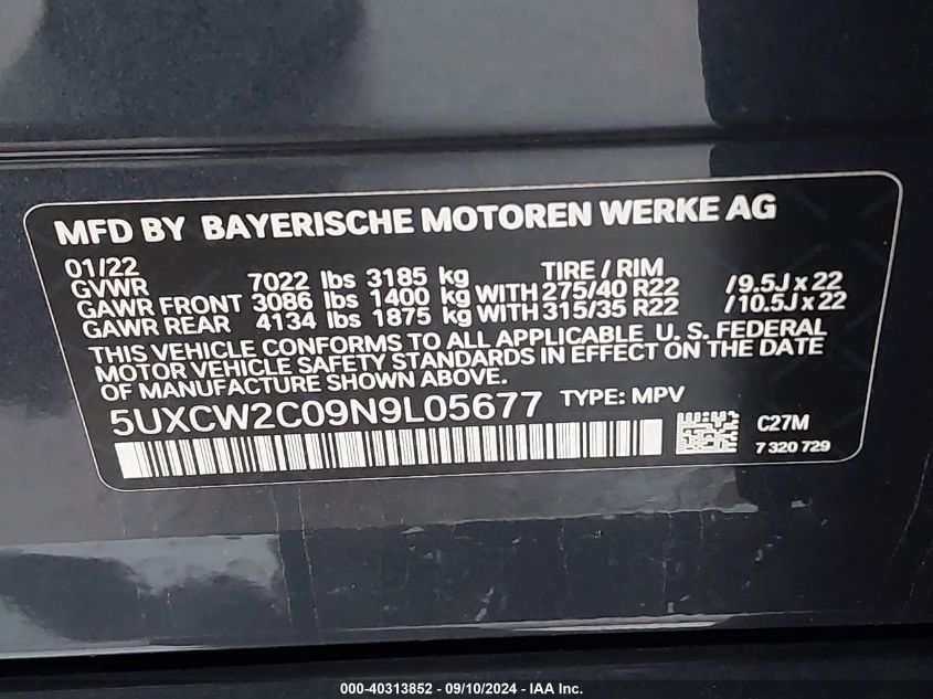 2022 BMW X7 xDrive40I VIN: 5UXCW2C09N9L05677 Lot: 40313852