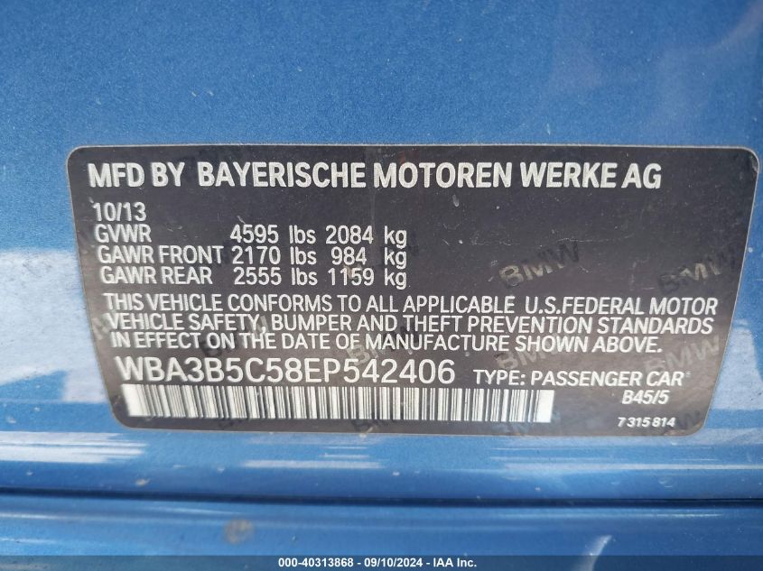 2014 BMW 328I Xi Sulev VIN: WBA3B5C58EP542406 Lot: 40313868