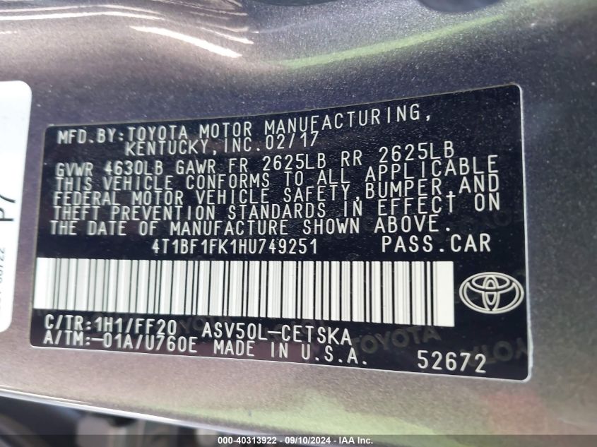 VIN 1N4AA6AP0HC365553 2017 TOYOTA CAMRY no.9