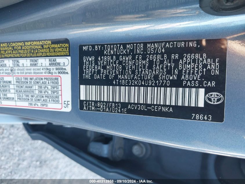 4T1BE32K04U921770 2004 Toyota Camry Le