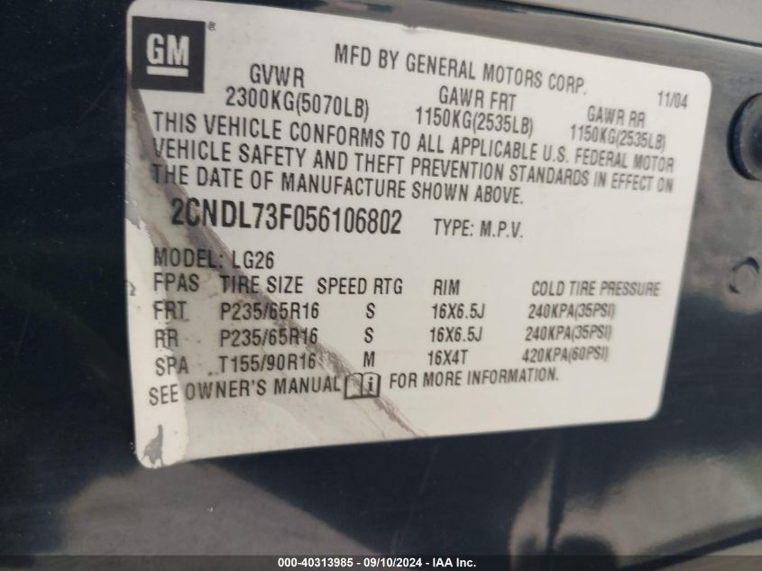 2CNDL73F056106802 2005 Chevrolet Equinox Lt