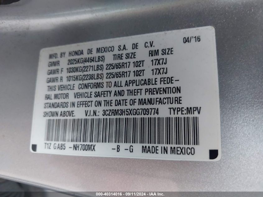 3CZRM3H5XGG709774 2016 Honda Cr-V Ex