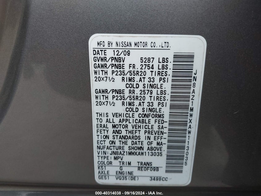 2010 Nissan Murano Le VIN: JN8AZ1MWXAW113035 Lot: 40314038