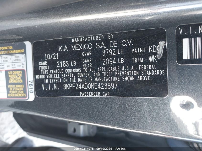 2022 Kia Forte Lxs VIN: 3KPF24AD0NE423897 Lot: 40314075