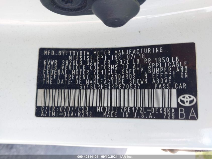 VIN 5YFBURHE4KP870537 2019 TOYOTA COROLLA SE