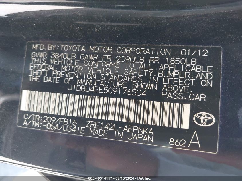 2012 Toyota Corolla Le VIN: JTDBU4EE5C9176504 Lot: 40314117