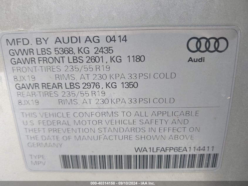 2014 Audi Q5 2.0T Premium VIN: WA1LFAFP6EA114411 Lot: 40314158