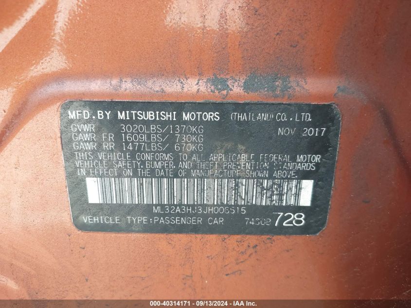 ML32A3HJ3JH006515 2018 Mitsubishi Mirage Es