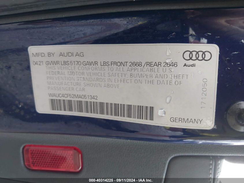 2021 Audi S5 Premium Plus VIN: WAUC4CF52MA051342 Lot: 40314225