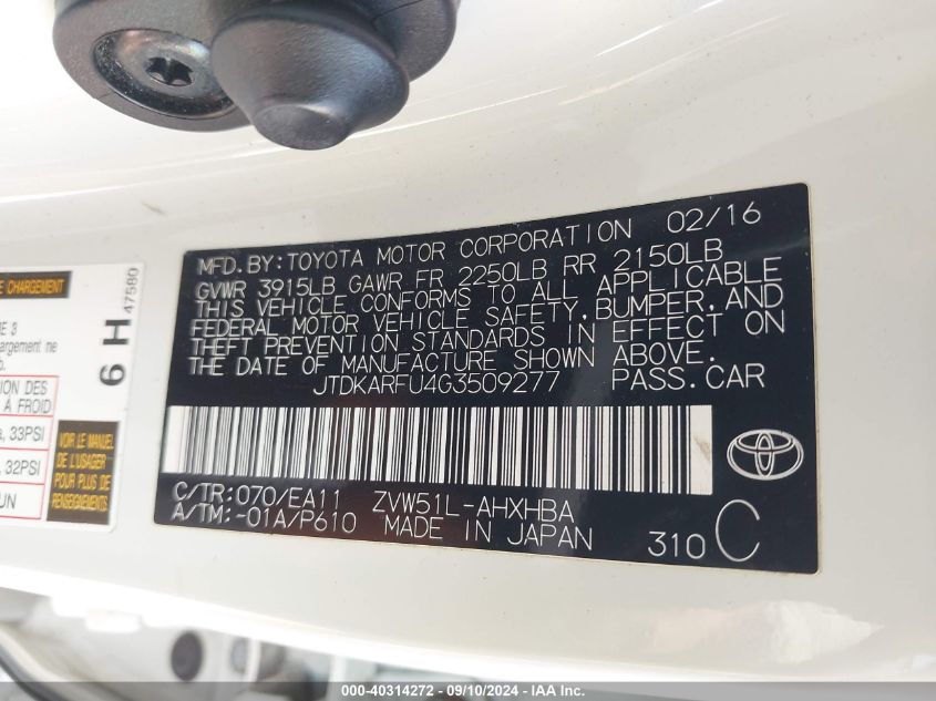 2016 Toyota Prius VIN: JTDKARFU4G3509277 Lot: 40314272