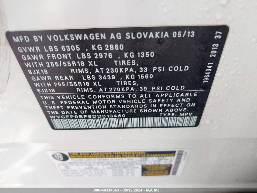 WVGEP9BP6DD013460 2013 Volkswagen Touareg Tdi Sport