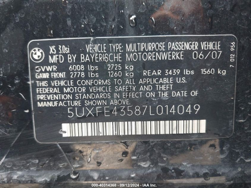 5UXFE43587L014049 2007 BMW X5 3.0Si