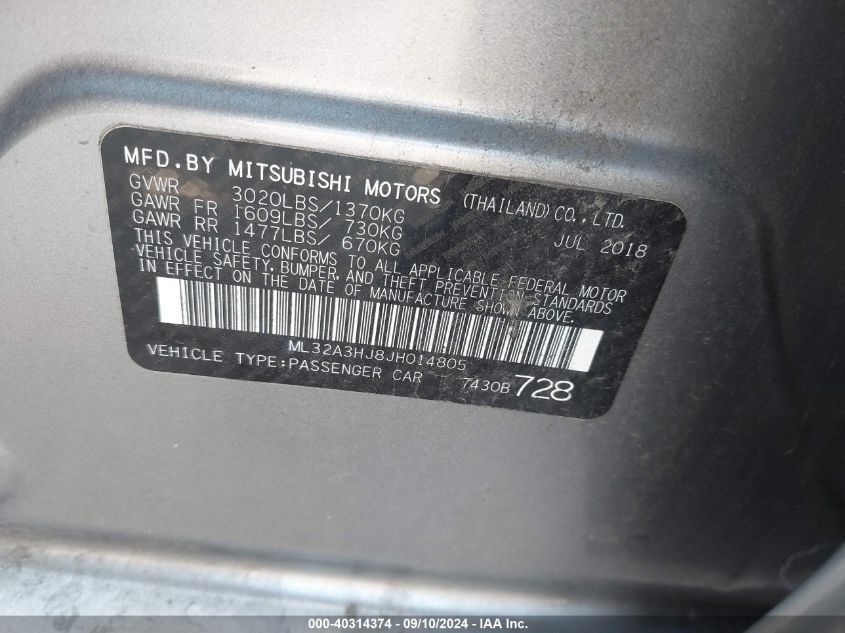 2018 Mitsubishi Mirage Es VIN: ML32A3HJ8JH014805 Lot: 40314374