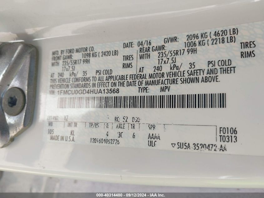 VIN 1FMCU0GD4HUA13568 2017 FORD ESCAPE SE