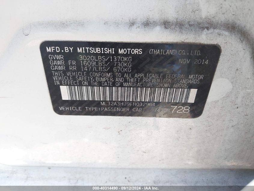 2015 Mitsubishi Mirage De/Rf VIN: ML32A3HJ9FH032964 Lot: 40314490