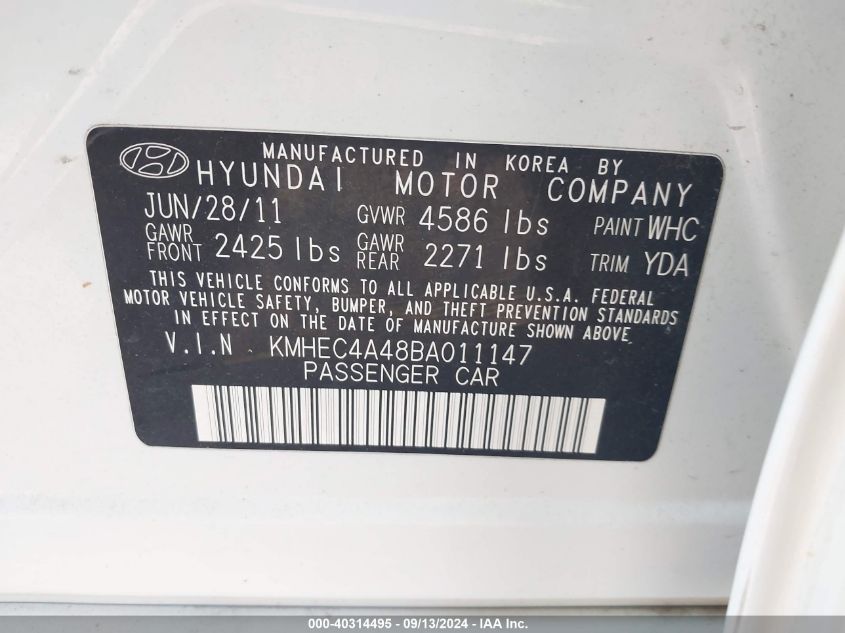 2011 Hyundai Sonata Hybrid VIN: KMHEC4A48BA011147 Lot: 40314495