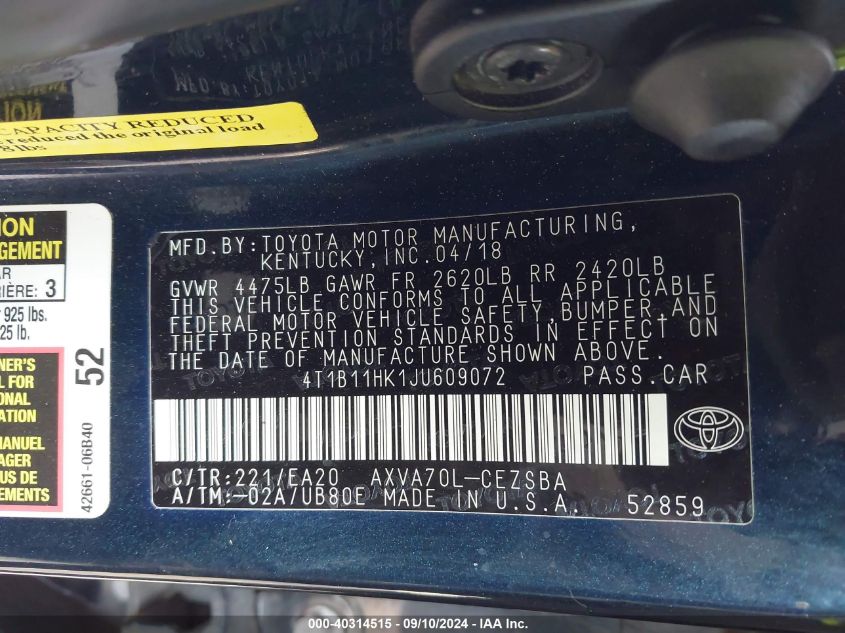 4T1B11HK1JU609072 2018 Toyota Camry Se