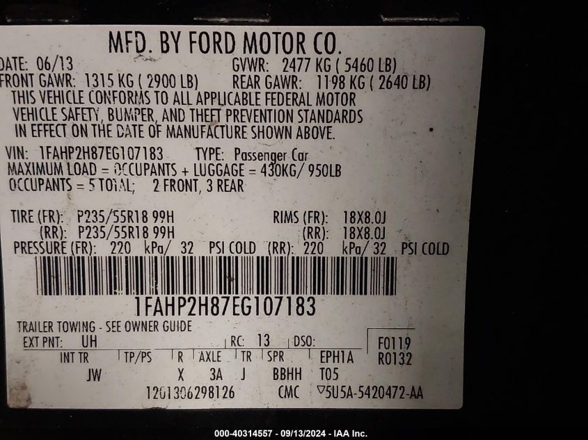 2014 Ford Taurus Sel VIN: 1FAHP2H87EG107183 Lot: 40314557